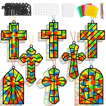 Lonfliness 32 Set Cross Suncatchers Craft DIY Religious VBS Window Stain Glass Effect Paper Christian Home Sunday Easter Decorations Art Craft Creative Activity Project Gift Favor - style: Cross