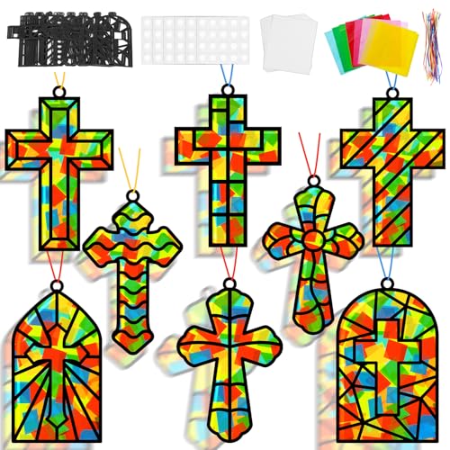 Lonfliness 32 Set Cross Suncatchers Craft DIY Religious VBS Window Stain Glass Effect Paper Christian Home Sunday Easter Decorations Art Craft Creative Activity Project Gift Favor - style: Cross