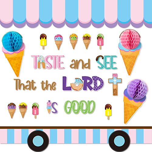 CY2SIDE 73PCS Ice Cream Taste and See that the Lord is Good Christian Cut-Outs for Classroom Bulletin Board Jesus Summer Ice Cream Honeycomb Cut-Out Faith Religious Back to School Sunday Trim Border - style: Summer Ice Cream