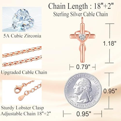 18K Gold Plated Cross Necklace for Women, 925 Sterling Silver Necklaces for Women, Infinity Heart Jewelry with 5A Cubic Zirconia, Anniversary Birthday Baptism Christian Gifts for Women Wife Her - color: Rose Gold