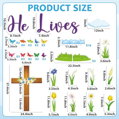 Easter Spring Bulletin Board Decoration Set He Lives Floral Cross Bulletin Board Borders Easter Butterfly Paper Cutouts Easter Christian Jesus Bulletin Boarder for Easter Spring School Classroom Decor