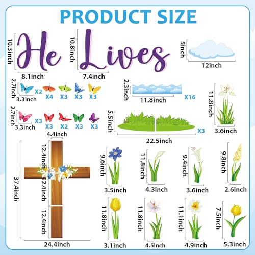 Easter Spring Bulletin Board Decoration Set He Lives Floral Cross Bulletin Board Borders Easter Butterfly Paper Cutouts Easter Christian Jesus Bulletin Boarder for Easter Spring School Classroom Decor