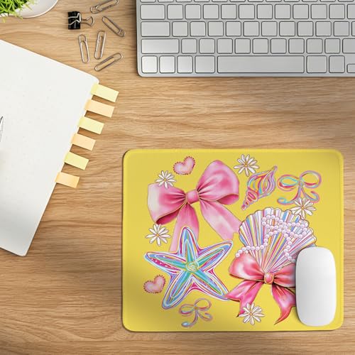 Lemon Yellow Seashell Mouse Pad,Colorful Summer Ocean Desk Mat,Pink Bow & Pearl Funny Beach Desk for Home Office Dorm Desktop Decor,Cute Preppy Beach Coasts Desk Decor for Women,10.2x8.2Inch - color: Bows and Shells