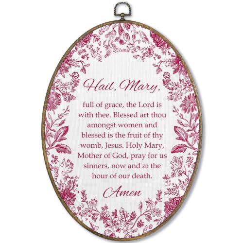 Fewgb Vintage Catholic Hail Mary Prayer Oval Wall Art Decor, Pink Floral Christian Canvas Wall Art Framed Prints for Bedroom Living Room Prayer Room, Religious Hanging Room Decor Picture Artwork 9x12 - color: hail mary-02