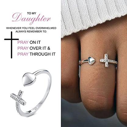 Harlermoon To My Daughter Pray Through It Cross Ring Double Cross Adjustable Baptism Gold CZ Diamond Creative Wedding Commitment Ring for Woman - color: silver style 2-to my daughter