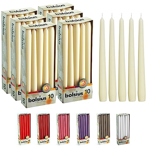 BOLSIUS Long Household Ivory Taper Candles - 10-inch Unscented Premium Quality Wax - 8 Hours Long Burning Dripless Candles Bulk Pack of 60 for Home Decor, Wedding, Parties and Special Occasions - color: Ivory, size: 60 Count