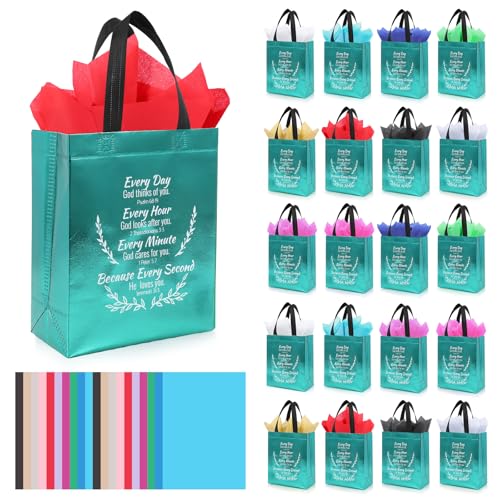 LUAVIARU 40 Pcs Bible Verse Christian Gift Bags Set – 20 Lake Blue Reusable Gift Bag with Handles & 20 Tissue Paper, Religious Gift Bag for Church Events, Baptism, Easter, Communion, Congratulations - color: Lake Blue, size: 20