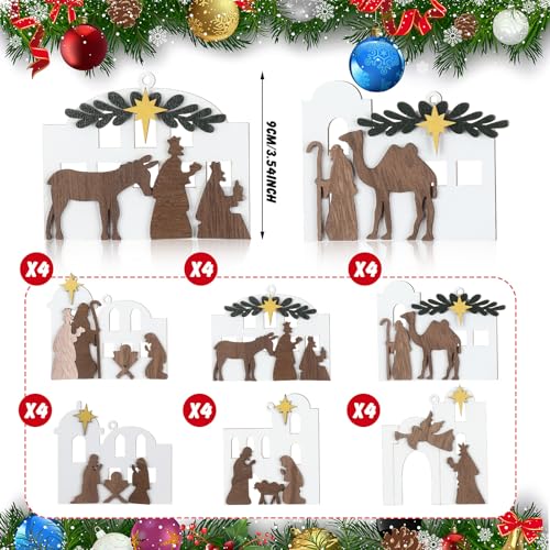 Shellwei 24 Pcs Christmas Wooden Nativity Ornaments Set Bulk Gift - style: Classic