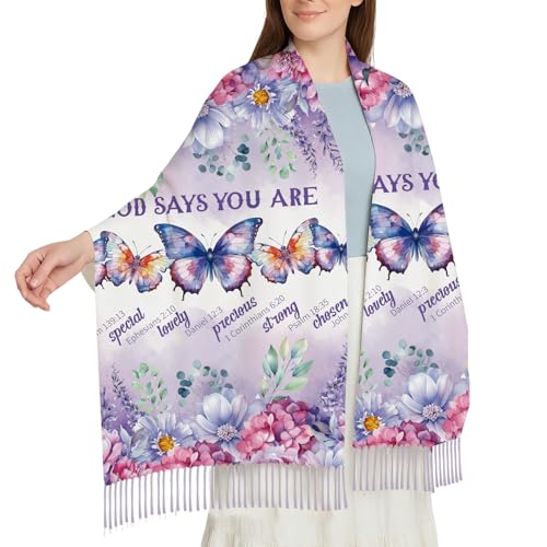 The Virgin Mary Bible Verse Shawls for Women, Catholic Christian Blanket Scarf Gifts or Mom Teacher Christmas - color: Purple Butterfly