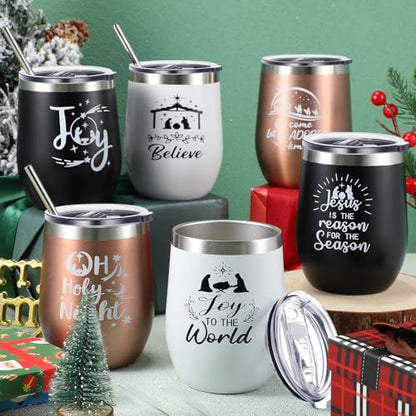Gejoy 6 Pcs Christmas Wine Tumbler 12 oz Stainless Steel Wine Glass with Lid and Straw Christian Nativity Scene Tumbler Stainless Steel Coffee Cups Travel Mug for Xmas Holiday Party Gift, 6 Patterns