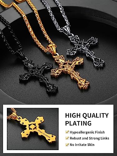 ChainsHouse Cross Necklace for Men, Black/18K Gold Plated/Stainless Steel Christian Jewelry Cross Pendant Necklace for Men, with Gift Box - color: a: Jecus Cross-Gold