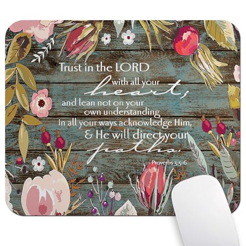 Trust in The Lord with Your Heart Mouse Pad, Rustic Wood Floral Desk Mat - color: Pink White