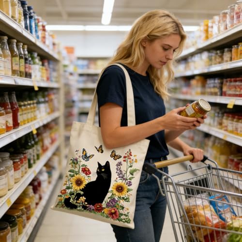 Canvas Tote Bags Reusable Shopping Bag for Women with Zippered Inner Pocket Magnetic Snap Closure - color: Black Cat 1