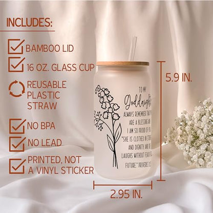 Generic Goddaughter Glass Tumbler, Goddaughter Gifts, Christian Gift, Confirmation Gift for Girl, Goddaughter Mug,Iced Coffee Cup with Lid and Straw, 16 oz