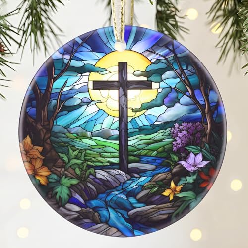 Cross 3.5 Inch Ceramic Christmas Hanging Ornament - Cross & River - color: Cross and River