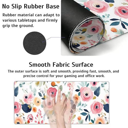 Watercolor Floral Mouse Pad,35.4 x 15.7 Inch Large Mouse Mat Non-Slip Rubber Stitched Edges for Writing Desk,Office,Home,Laptop - color: Watercolor Floral, size: 35.4L x 15.7W inches