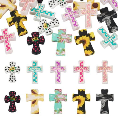 Beadthoven 20Pcs Cross Silicone Focal Beads Cow Flower Printed Silicone Beads for Pens Colorful Easter Jesus Crucifix Cross Shaped Rubber Spacers for Keychain Jewelry Making DIY Crafts - color: Mix Cross 10 Styles