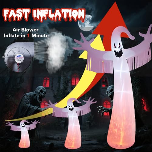 12FT Halloween Inflatables Outdoor Decorations: Inflatable Ghost with Fire Flame and Blinking Red Eyes, Blow up Decor for Yard Garden Lawn Home Holiday Party - style: White Ghost