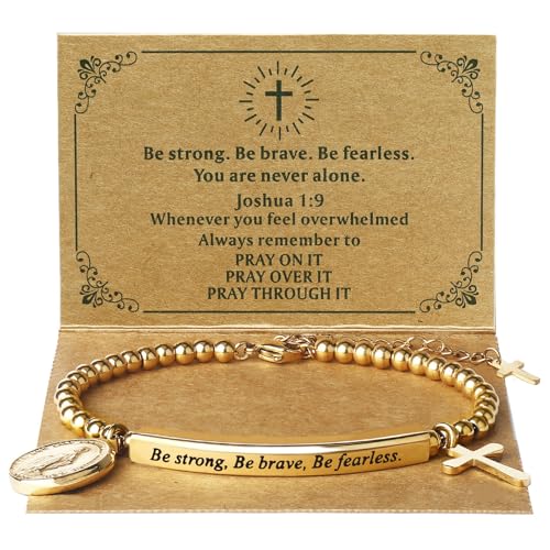 DS Women Christian Charm Bracelet,Cross Scripture Stainless Steel Jewelry - style: Be strong,Be brave,Be fearless.You are never alone-Gold