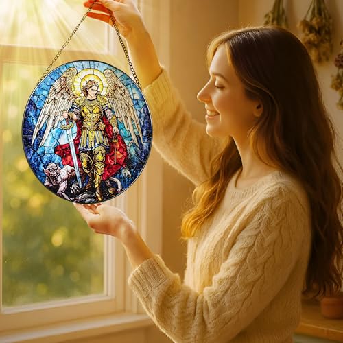 Stained Glass Suncatcher, Archangel Michael Sun Catcher Ornament; Stained Glass Window Hanging, Spiritual Protection Decor, Christmas Ornament; Christian Gifts, Religious Gifts - color: Archangel-a