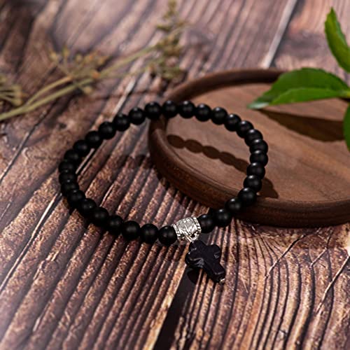 Softones 6mm Bead Cross Pendant Bracelet for Women Healing Stone Stretch Prayer Bracelet for Women,with Gift Box - color: Onyx
