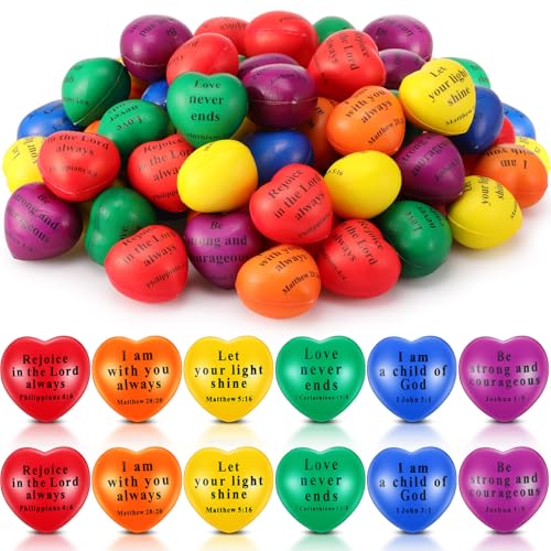 48 Pcs Christian Heart PU Foam Balls Bulk, Bible Quote Foam