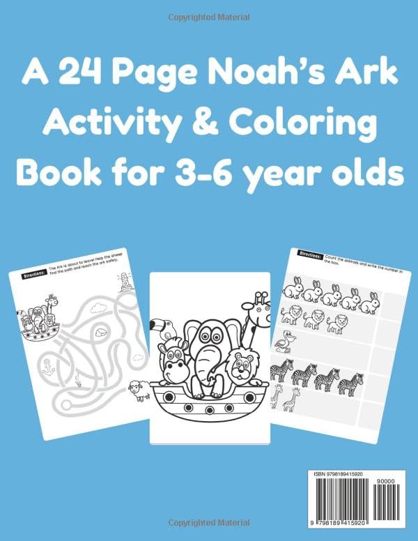 Noah's Ark Activity and Coloring Book: Bible Story Activities, Mazes, Counting, Tracing, Drawing, and Coloring Fun for Preschoolers Ages 3–6