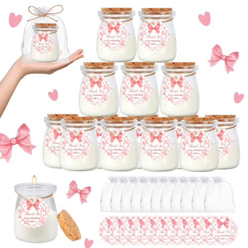 24Pcs Baby Shower Candle Party Favors Lavender Scented Glass Jars Wax Candle Bulk with Thank You Cards Organza Bags for Guests Boy Girl Birthday Gender Reveal Gift Souvenirs (Pink Bow, 24) - style: Pink Bow