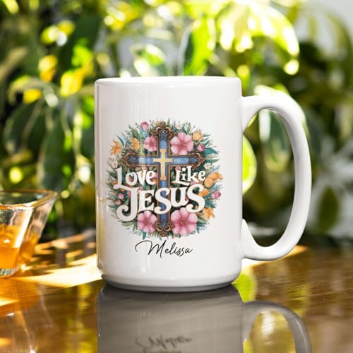 Love Like Jesus Ceramic Mug, Christian Cup With Customized Name, Inspirational Mug 11oz 15oz, Personalized Christian Faith Cup, Custom Mug Featuring Floral Cross Design, Gift For Christian - color: HOA-624-2167-LOVE LIKE JESUS MUG