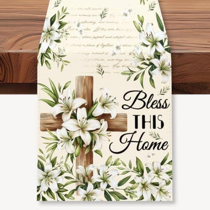 WADORN Blessed Cross Table Runner 13x72Inch Easter Olive Leaves Bless This Home God Bless Easter Kitchen Dining Decoration Spring Summer Seasonal Farmhouse Table Runner for Holiday Party - size: Bless This Home God Bless