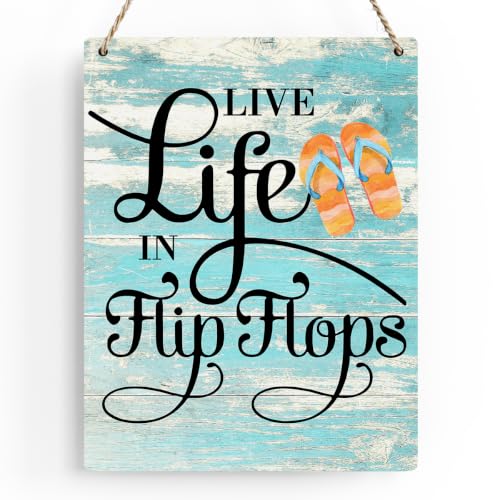 Rustic Live Life in Flip Flops Wood Hanging Sign, Farmhouse Quality Artwork Decor, Summer Wooden Plaque Sign Wall Art, Home Beach House Pool Decoration (8 x 10 Inches) (JTMP080) - color: Live Life in Flip Flops