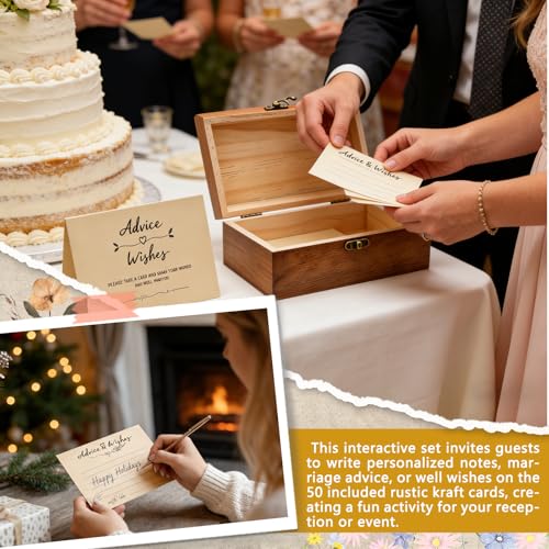 Wooden Advice & Wishes Memory Box with 50 Pcs Kraft Tan Cards for Wedding - Bridal Shower Guest Book Alternative- Versatile Keepsake for Newlyweds, Baby Shower, Graduation & Birthday Party ﻿ (Cards) - color: Cards