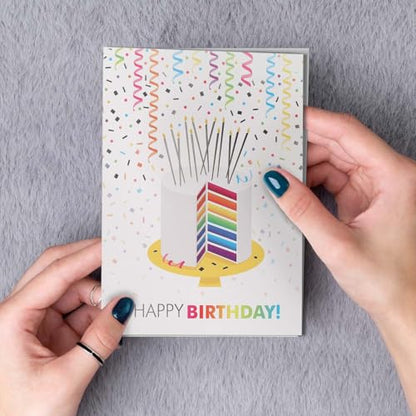 Masterpiece Silver Foil Colorful Happy Birthday Cards / 24 Birthday Cards With White Envelopes In Storage Box / Shiny Silver Foil Card Design Accents / 4 5/8" x 6 1/4" Folded Greeting Cards With Inside Verses / 6 Festive Modern Designs - color: Silver Foi