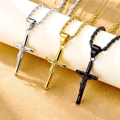 ALEXCRAFT Sterling Silver Plated Cross Necklace for Men Gold Plated Cross Necklaces for Women Trendy Stainless Steel Crucifix Pendant with 3mm 21inch Rope Chain - color: Silver-19.6in