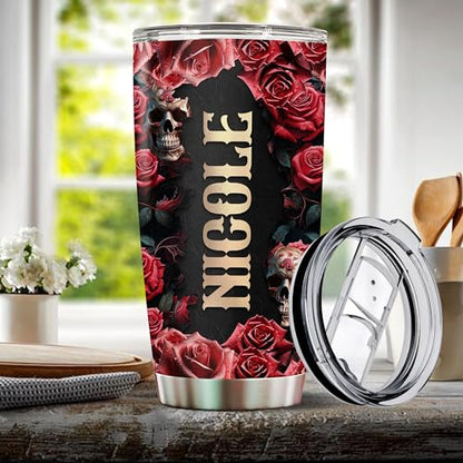 Personalized Rose And Skull Tumbler Gifts for Women Travel Cup Coffee Mug Insulated Stainless Steel 20oz With Lid Water Bottle Gift for Mom Wife Daughter Girls - color: SKULL ROSE