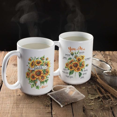 Faith Cross With Sunflowers Design On Mug, Personalized Christian Ceramic Cup, Custom Name Coffee Mug 15oz, Inspirational Bible Verses White Cup, Religious Gift For Friend Family - color: XUA-624-2301-Faith Cross