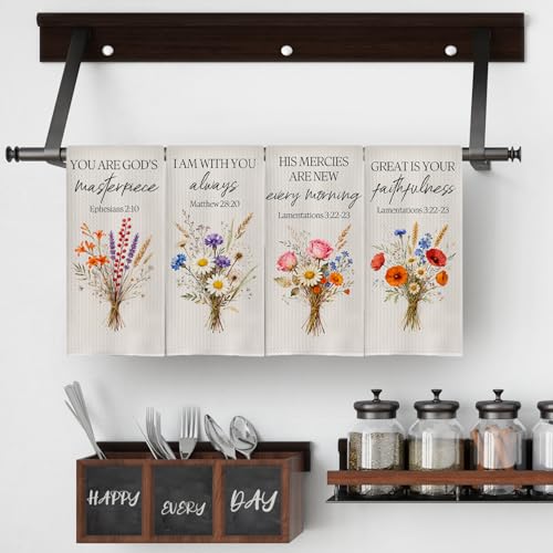 Floral Christian Kitchen Towels Set - Vintage Christian Gifts Polyester Waffle Dish Towels for Kitchen Decor, Bible Verse Gifts Hand Towels, Religious Tea Towel, 16x24 Set of 4 - color: Christian Kitchen Towels-16