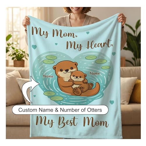 Personalized Otter Blanket for Mom, Custom Names Sea Otter Flannel Throw, My Heart Best Mom Blanket, Mother’s Day Birthday Gift for Mommy Grandma - color: Design02
