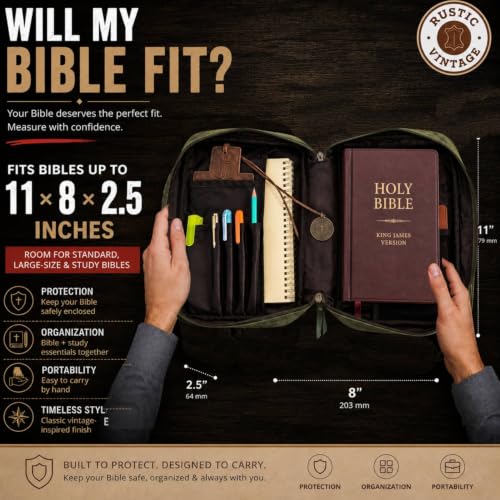 11 x 8 inch Genuine Leather Bible Cover for Men & Bible Case Women Organizer with Handle & Pocket Pen Holder Christian Religious Gift Cross Bookmark Bible Carrying Bag for Church Green - color: Green
