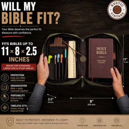 11 x 8 inch Genuine Leather Bible Cover for Men & Bible Case Women Organizer with Handle & Pocket Pen Holder Christian Religious Gift Cross Bookmark Bible Carrying Bag for Church Green - color: Green