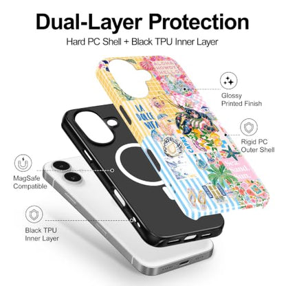 for iPhone 16 Case, Cute Summer Magnetic Phone Case - color: Coastal Blue Yellow, size: iPhone 16