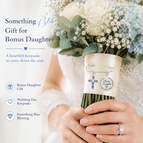 Ralukiia Something Blue Gifts for Bride, Blue Cross Bridal Bouquet Charm Pin with Pearl, Christian Wedding Keepsake, Bridal Shower Gift, Wedding Day Accessory for Daughter Bride - color: Bonus Daughter