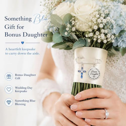 Ralukiia Something Blue Gifts for Bride, Blue Cross Bridal Bouquet Charm Pin with Pearl, Christian Wedding Keepsake, Bridal Shower Gift, Wedding Day Accessory for Daughter Bride - color: Bonus Daughter