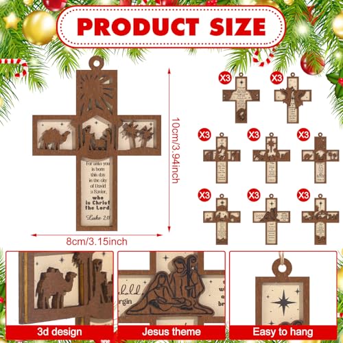 Seeloowy 24 Pcs Christmas Wooden Nativity Scene Cross Ornaments for Tree