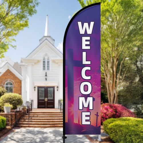 Double Sided Church Welcome Feather Flag with Pole Kit, 8FT Durable Polyester Outdoor Church Sign Banner, High Visibility Welcome Flag for Entrance, Sunday Service & Community Events