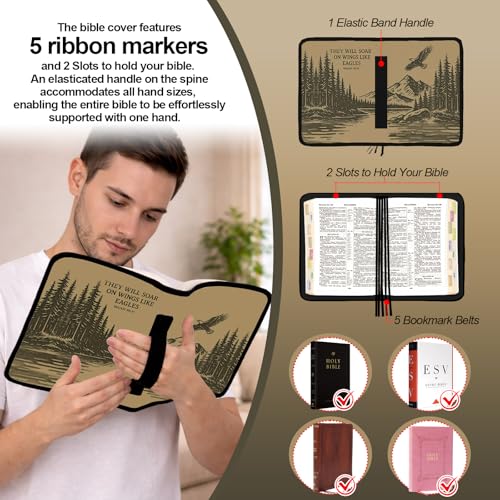 Eagle Bible Cover Case for Men,Large Bible Bag Carrying Case with Strap & Handle Zipper Pocket, Bible Study Supplies Journaling Kit, Pens Highlighters Cross Clips Tabs Christian Gift - color: Eagle