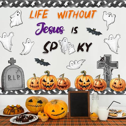 BeYumi Halloween Bulletin Board Set - 67Pcs Halloween Christian Bulletin Board Set Life without Jesus Is Spooky Cross Pumpkin Cutout Border Trim Religious Sunday School Classroom Chalkboard Wall Decor - style: Life without Jesus Is Spooky