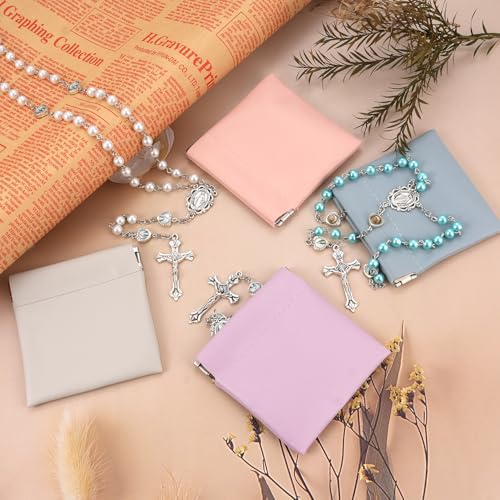 Rosary Beads Catholic, Rosary Necklace with Leather Pouch with Magnetic Top Bag for Men and Women Christian Gifts - color: Pink