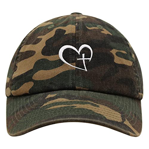 JPAK Heart and Cross Premium Dad Hat Embroidered Cotton Baseball Cap Christian Faith - color: Green Camo