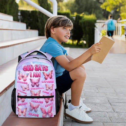 Backpack for Girls 6-8 Primary School Students, Butterfly Backpacks God Says I Am Bookbag with Pockets for Kids Girls Back to School Gifts - color: Blue